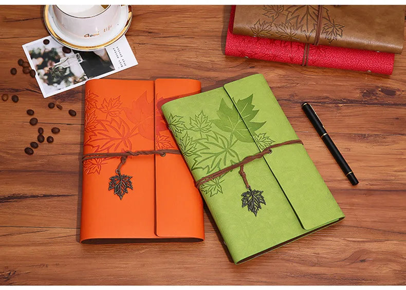 80pg A5, A6, & A7 Maple Leaf Imprinted Faux Leather Traveler Sketchbook Notebook