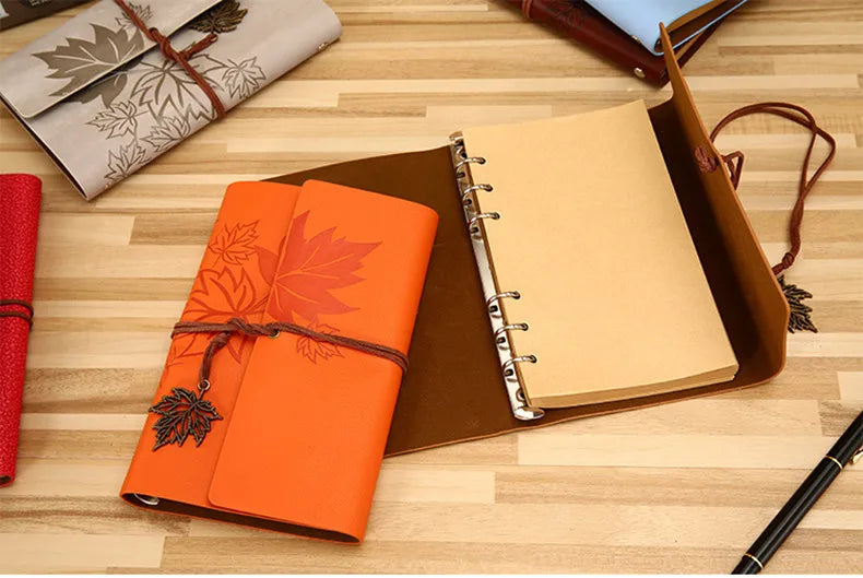 80pg A5, A6, & A7 Maple Leaf Imprinted Faux Leather Traveler Sketchbook Notebook