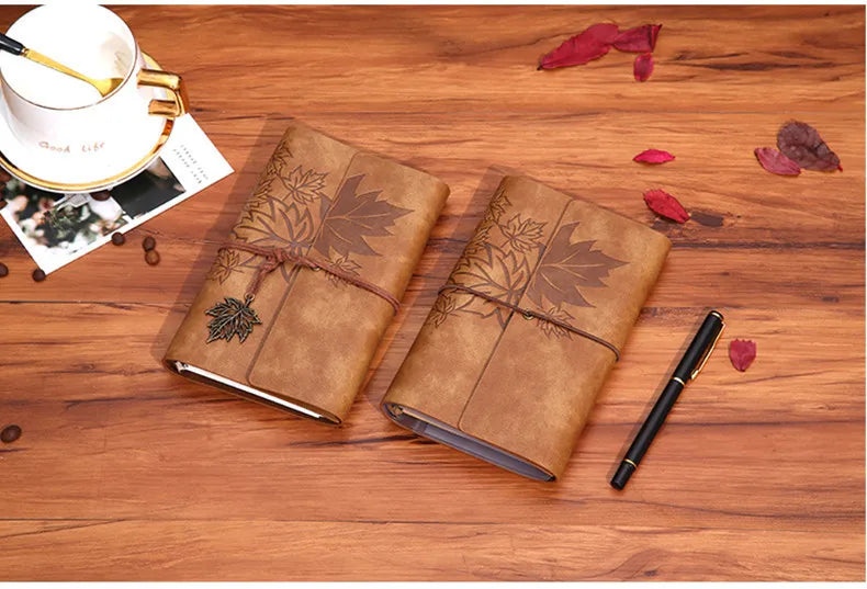 80pg A5, A6, & A7 Maple Leaf Imprinted Faux Leather Traveler Sketchbook Notebook