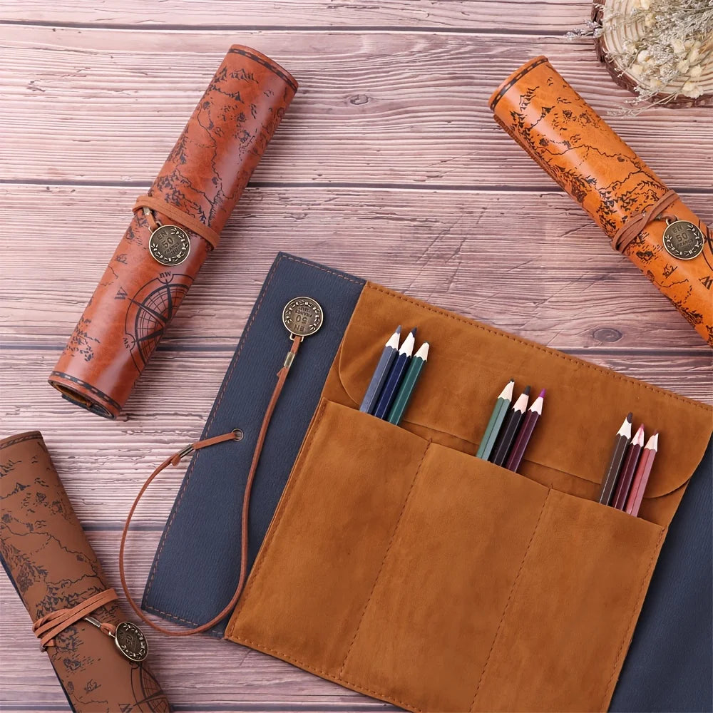 Faux Leather Vintage Style Roll-up Pencil Case