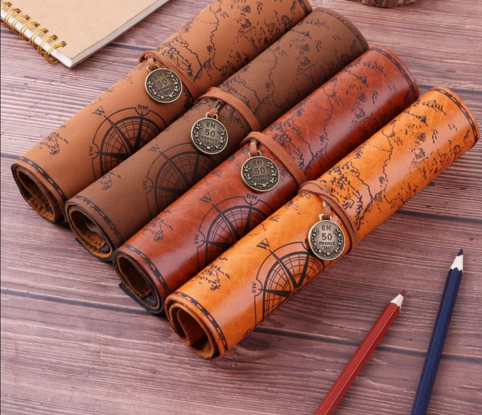 Faux Leather Vintage Style Roll-up Pencil Case